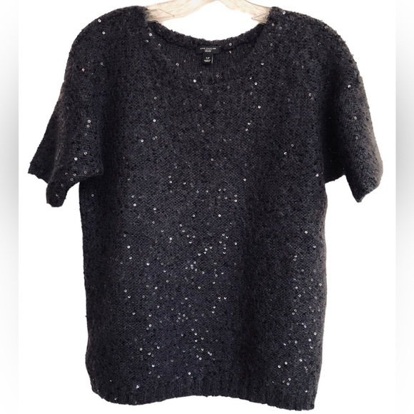 Ann Taylor Black Short Sleeve Sparkly Sequin Knit Top Size Large Petite - Picture 1 of 8